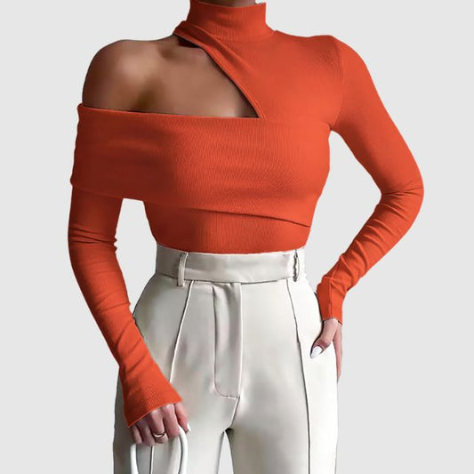 Dam Stickad Tröja Asymmetrisk Rullkrage Mjuk Akryl-1