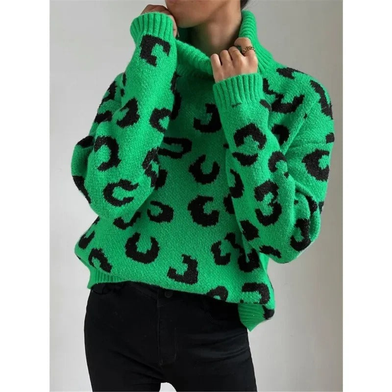 Dam Turtleneck Tröja Leopardmönster Stickad-3