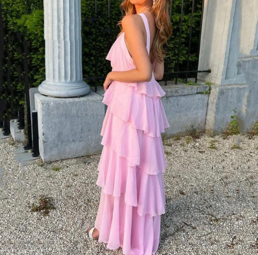 Kvinnors Klänning Halterneck Skiktade Ruffles Lätt Material-4