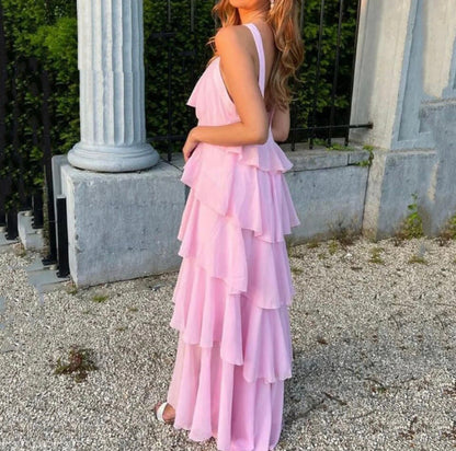 Kvinnors Klänning Halterneck Skiktade Ruffles Lätt Material-4