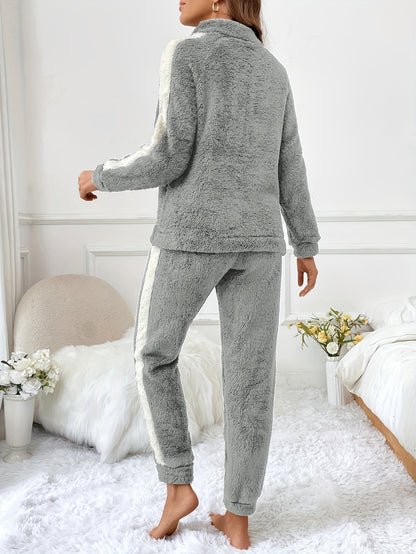 Dam Pyjamas Set Plysch Lång Zip Topp och Byxor-2