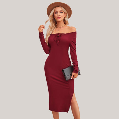 Variant image for Kvinnors Midi Klänning Axelfri Halsringning Lång Ärmar Stretchigt Tyg-1