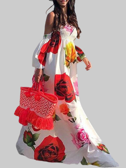 Lång Klänning Dam Maxi Klänning Blommönster Polyester med Långa Ärmar-2