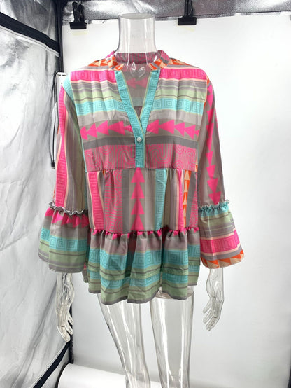 Kvinnors Långärmad Skjorta Blommig Bomull och Linne-6