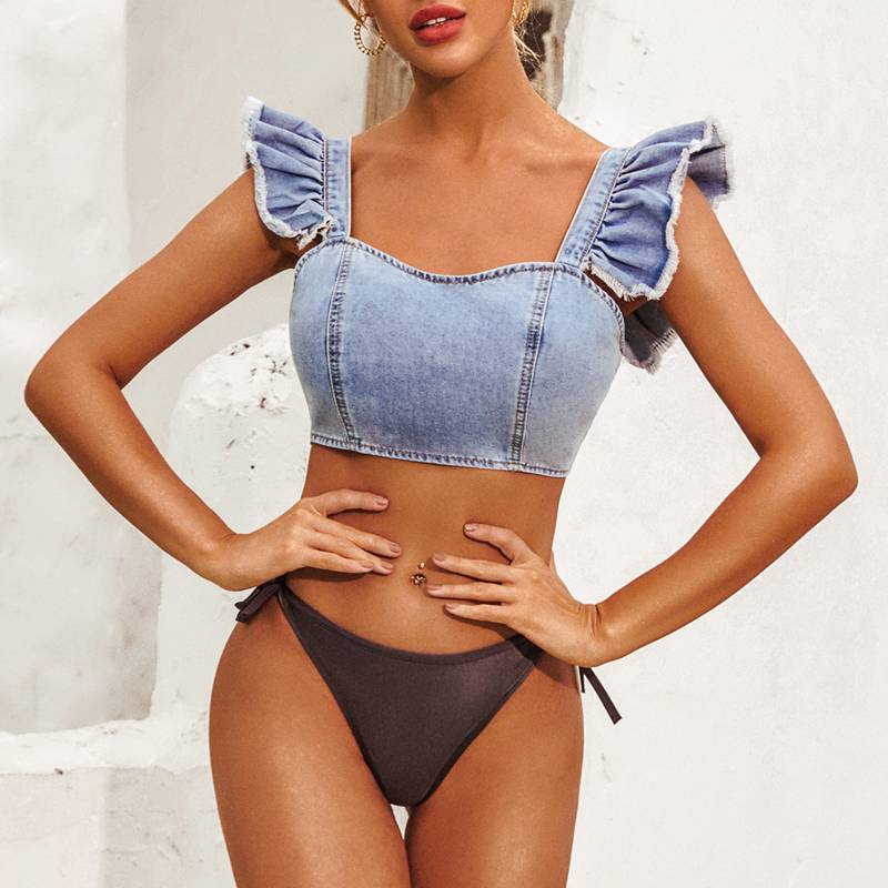 Topp för Dam Korta Ärmar Denim Festtoppar-1