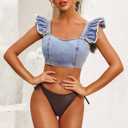 Topp för Dam Korta Ärmar Denim Festtoppar-1