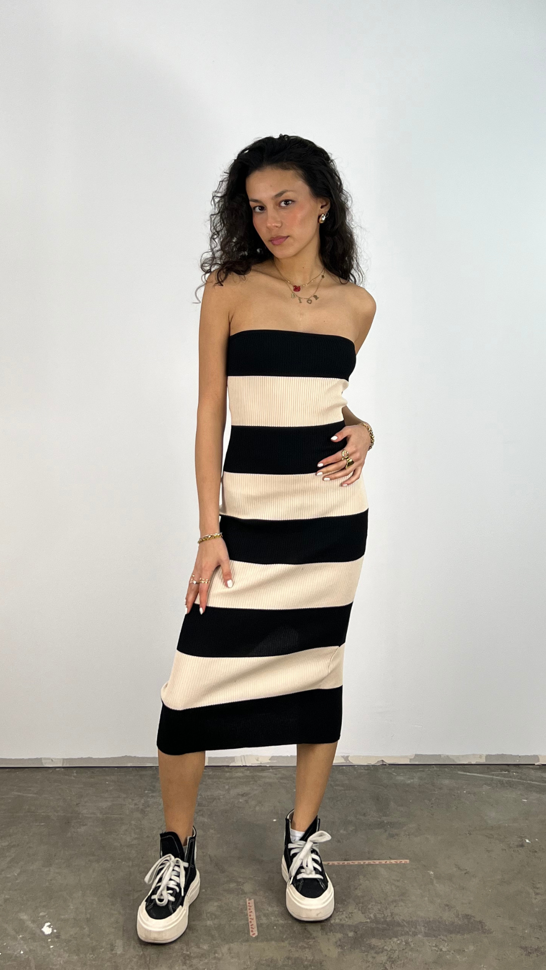 Dam Klänning Axelfri Design Ränder Bomull Viskos 3