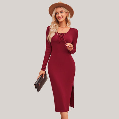 Kvinnors Midi Klänning Axelfri Halsringning Lång Ärmar Stretchigt Tyg-2