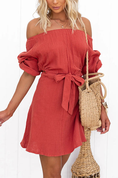 Dam A-linjeformad Miniklänning Off Axel med Bundet Bälte i Bomull och Polyester-3