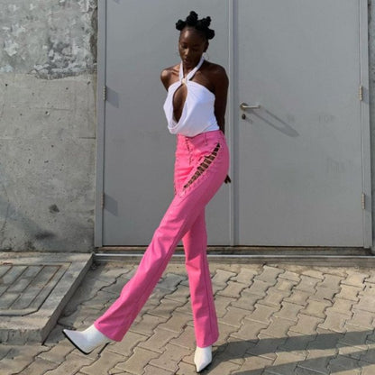 Läderbyxor Dam Hög Midja Monokrom Stil PU Spandex-2