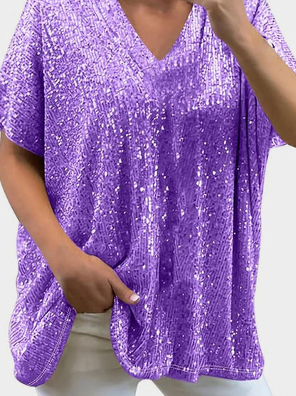Variant image for Kortärmad Blus Dam V-ringning med Paljetter i Polyester-49