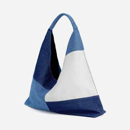 Rymlig Denim Shoppingväska för Dam med Patchwork-design och Axelrem – Praktisk och Stilren 5
