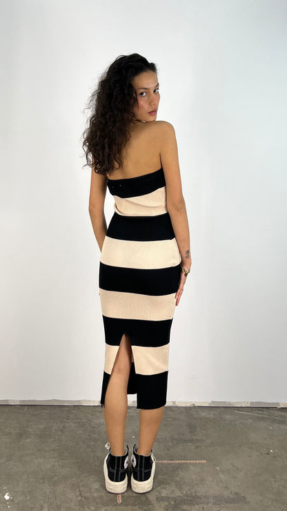 Dam Klänning Axelfri Design Ränder Bomull Viskos 4