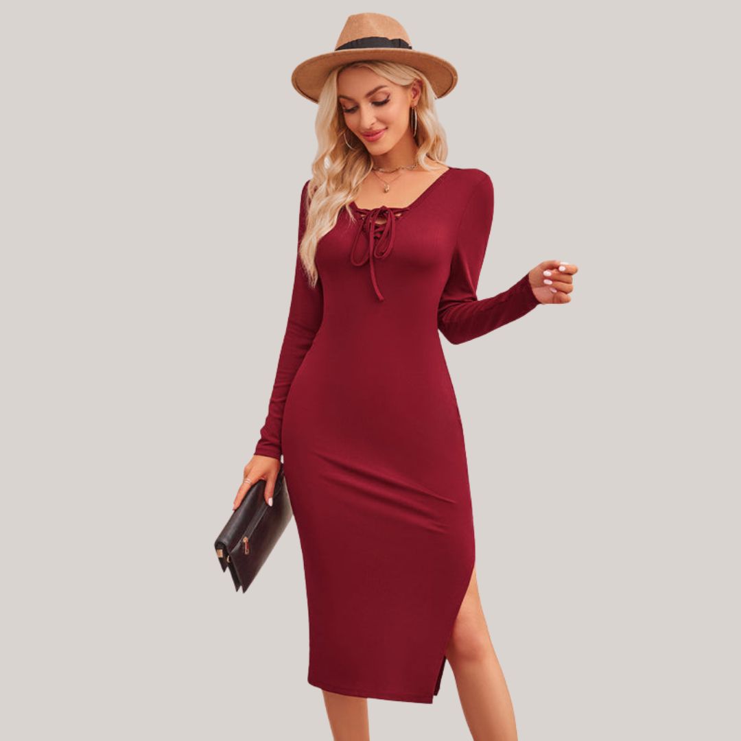 Kvinnors Midi Klänning Axelfri Halsringning Lång Ärmar Stretchigt Tyg-3