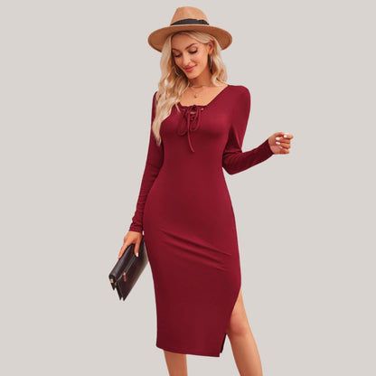 Kvinnors Midi Klänning Axelfri Halsringning Lång Ärmar Stretchigt Tyg-3
