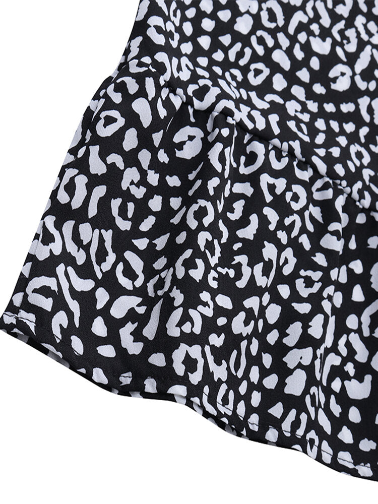 Kvinnors Midi Klänning Långa Ärmar Leopardmönster Polyester-5