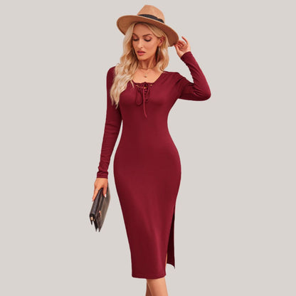 Kvinnors Midi Klänning Axelfri Halsringning Lång Ärmar Stretchigt Tyg-4