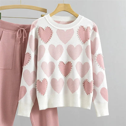 Dam Pyjamas Set Hjärttryck Stickad Design med Ribbade Manschetter 2