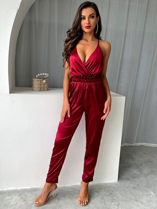Dam Jumpsuit Monokrom V-ringad Polyester Ankel-längd-1