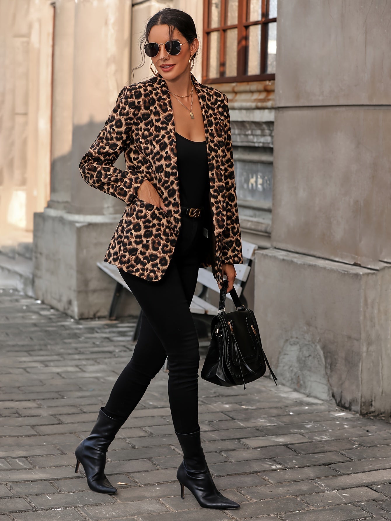 Dam Blazer Lång Leopardmönster Affärslook Kvalitativt Tyg-6