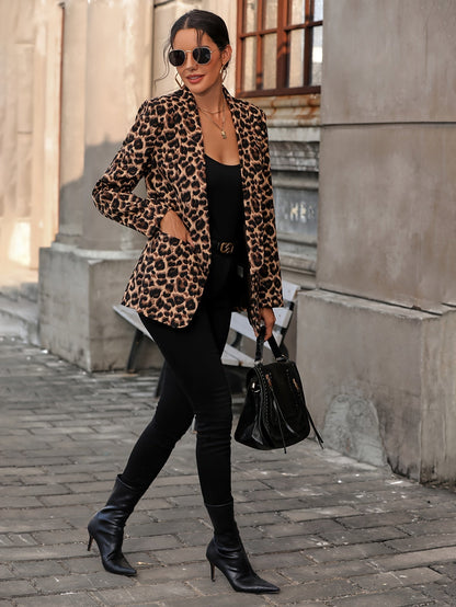 Dam Blazer Lång Leopardmönster Affärslook Kvalitativt Tyg-6