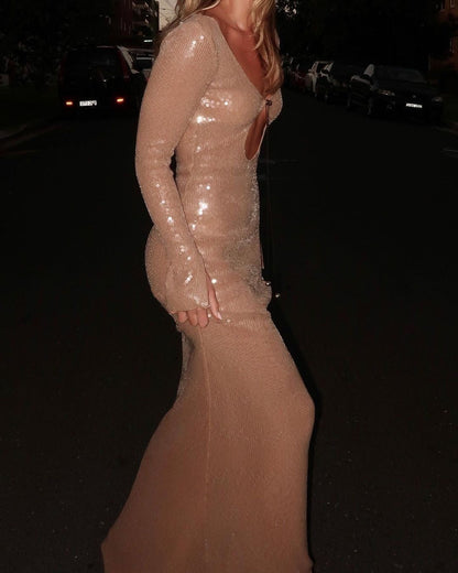 Maxiklänning Dam med Paljetter och Justerbar Snörning i Andningsbart Material-5