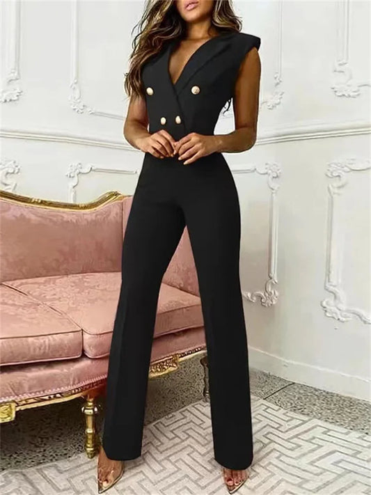 Dam Jumpsuit med V-hals och Trapezoidal Silhuett i Polyester – Elegant och Bekväm för Vardag och Fest 1