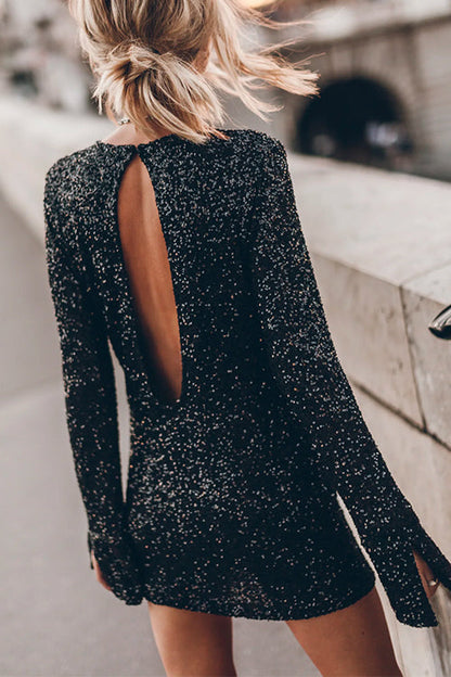 Kvinnor Miniklänning Långa Ärmar Paljett Detaljer Bomull Polyester-4