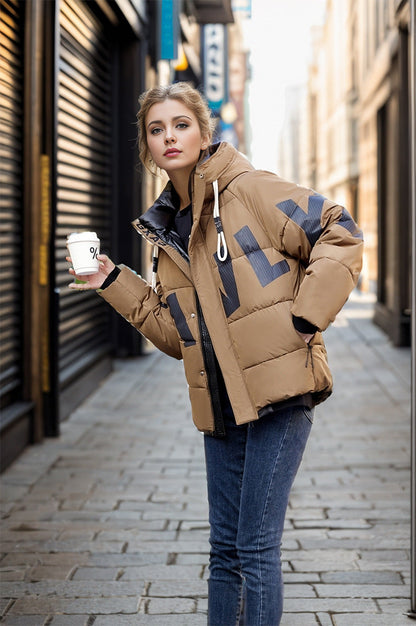 Dam Kort Bomullsjacka Tryckt Avslappnad Förtjockad-2