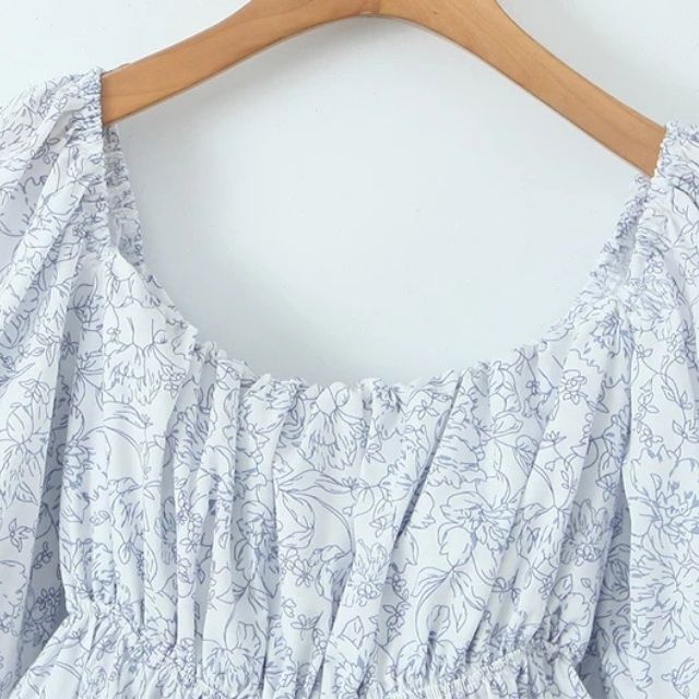 Kvinnor Blommig Klänning Puffärmar Samlad Midja Polyester-3