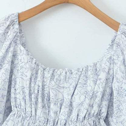 Kvinnor Blommig Klänning Puffärmar Samlad Midja Polyester-3