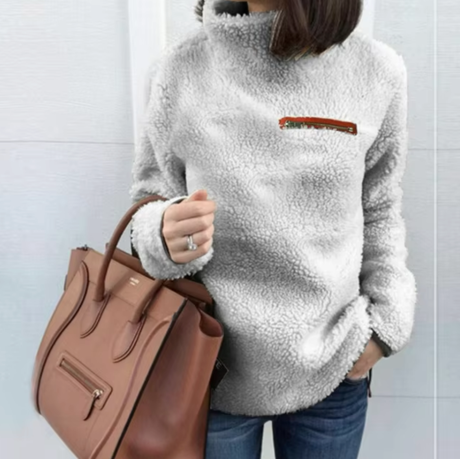 Dam Turtleneck Tröja Mjuk Plysch Figurnära Design med Dragkedja-5