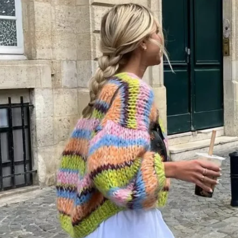 Dam Öppen Kofta Randig Lätt Material-5