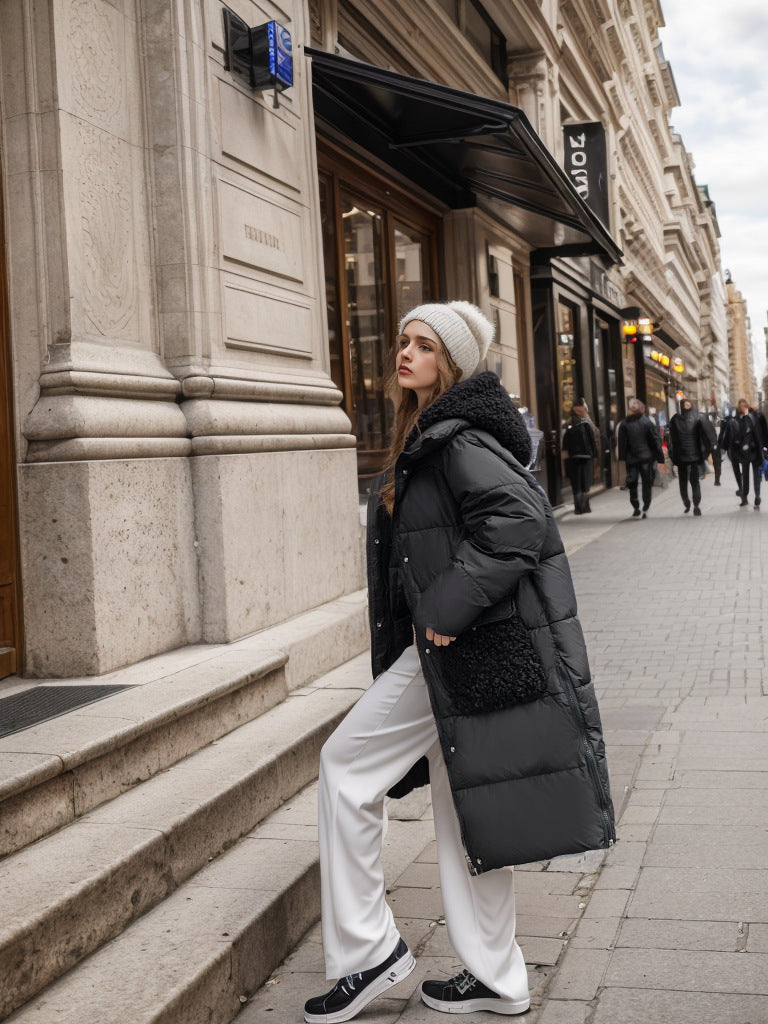 Damjacka Medel Längd Fluffigt Foder Polyester med Huva och Fickor-3