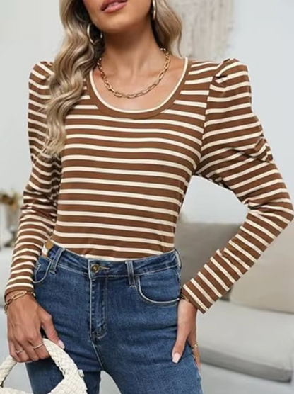 Variant image for Dam Blus Puffärmar Randig O-hals 100% Bomull-21