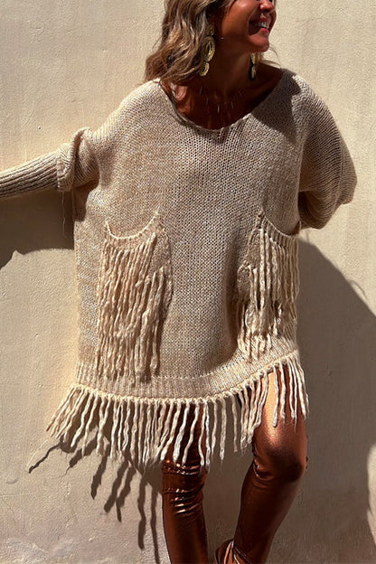 Dam Tröja Dolmanärm med Fickor och Avtagbara Tofsar i Bomull och Polyester-5