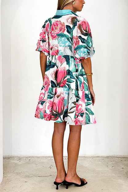 Kvinna Mini Klänning Blommönster Rüschchen Bomull Polyester-5