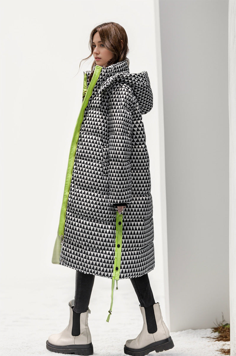 Dam Rutig Bomullsrock Med Huva Quiltad Över Knälängd-2