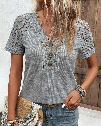 Kvinno Blus Kortärmad Spetsdetaljer Polyester Elastan-1