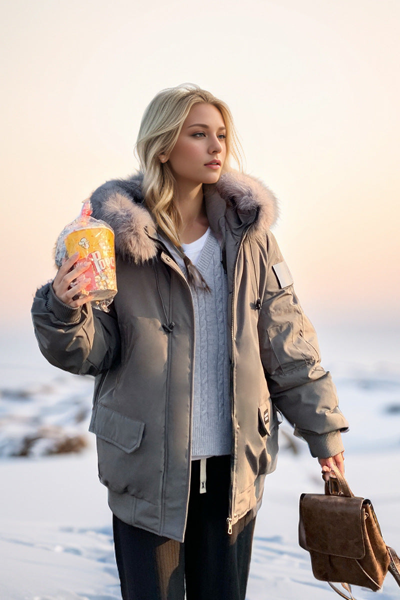 Dam Parkas Löst Snitt med Pälskrage i Polyester och Bomull-2