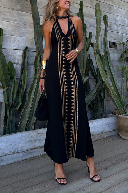 Lång Klänning Dam Maxi Klänning Öppen Rygg Halter Design Bomull Polyester-5