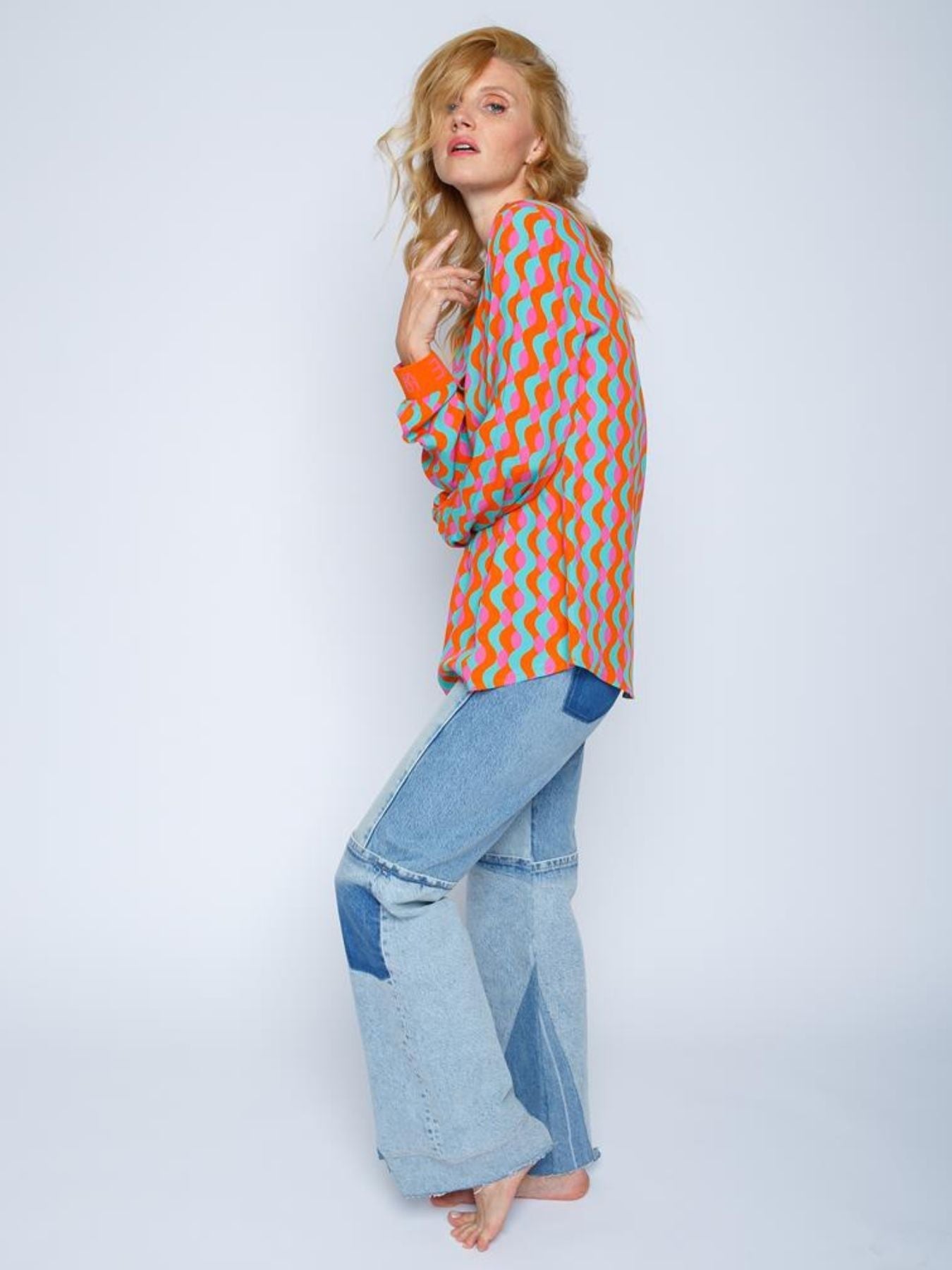 Dam Blus V-ringad Retro Vågmönster 100% Bomull-3