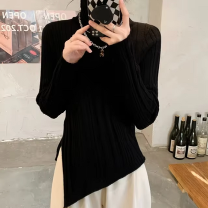 Stickad Dam Tröja Rullkrage med Utskurna Ärmar i Mjuk Material-2