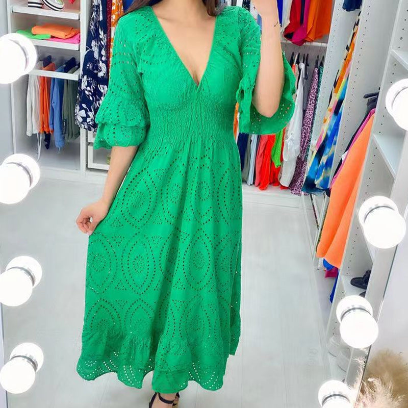 Dam Midi Klänning Broderade Anglaise Ruffles Högkvalitativt Tyg 10