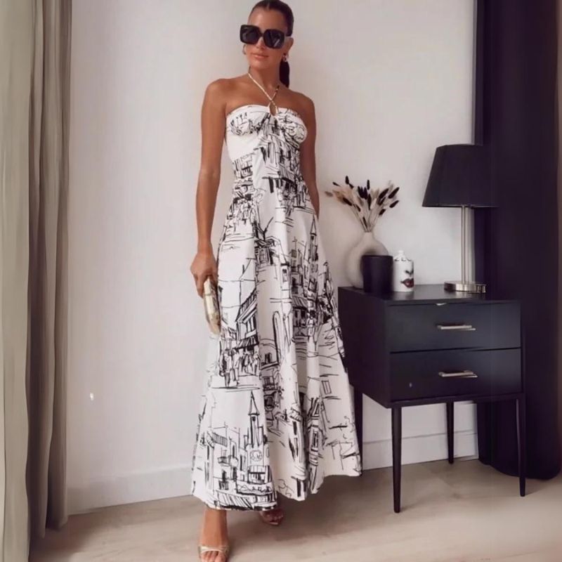 Maxi Klänning Dam Urban Tryck Långt Tyg-5