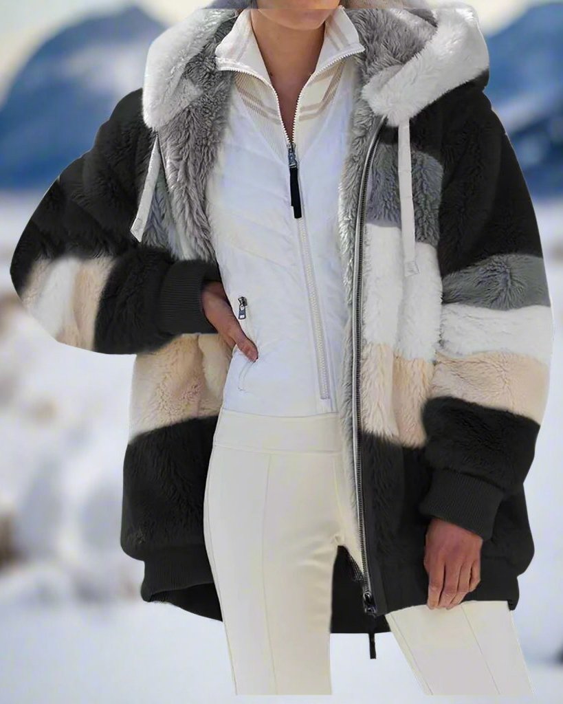 Damjacka Plysch Avslappnad Passform Polyester-Ullblandning med Huva och Lapptäcksdesign-5