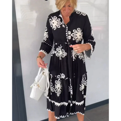 Dam Blommaklänning 3/4 Ärmar Linne-2