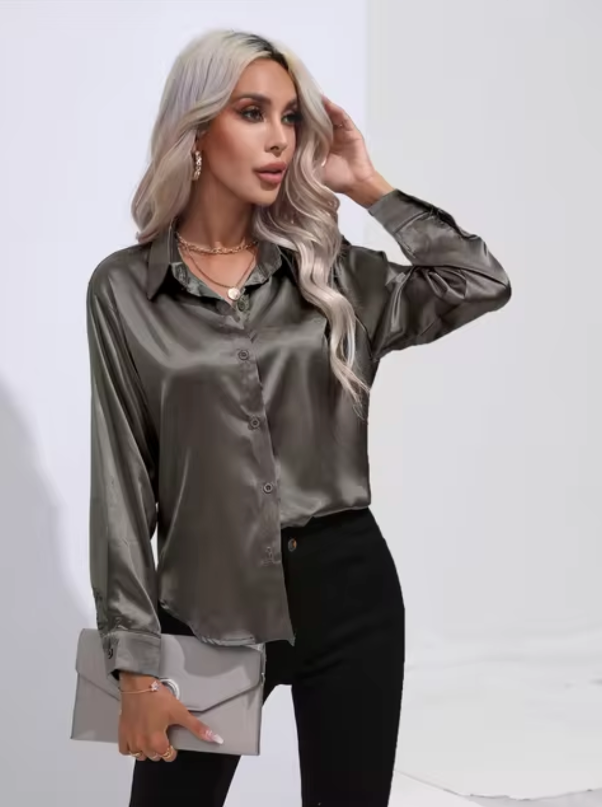 Dam Blus Långärmad Satin Elegant V-Ringning-5