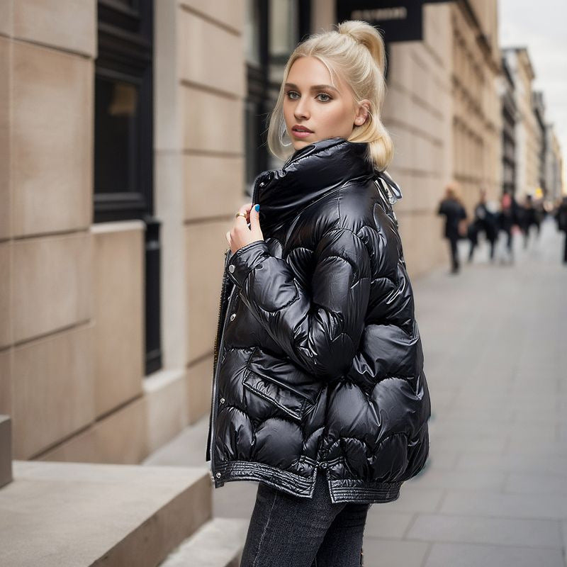 Kvinna Kort Vinterjacka Glänsande Polyester-1