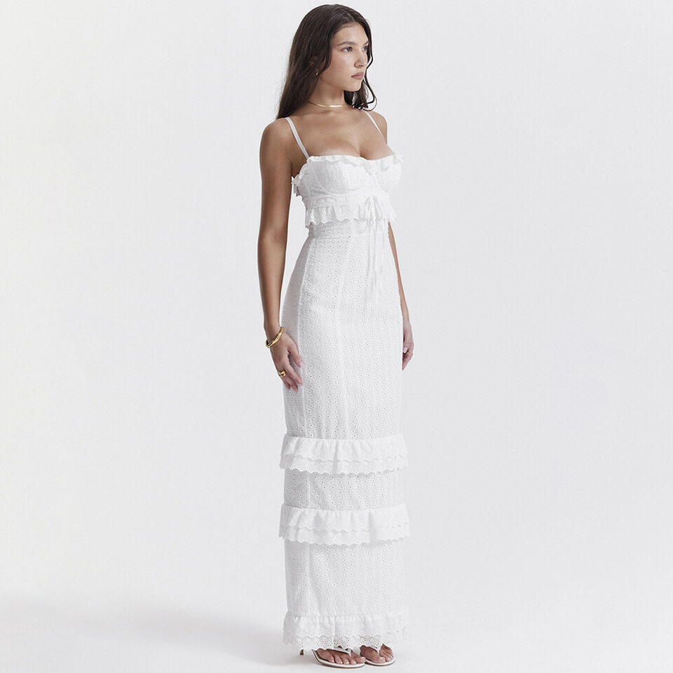 Maxikleid mit Broderie und Ruffles – Fließende Silhouette für Sommerfeste, Perfekt für Hochzeit und besondere Anlässe 3